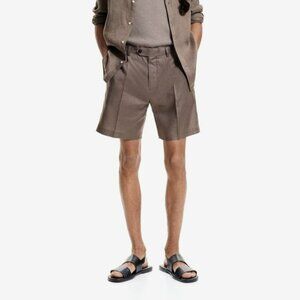 H&M Premium Selection Relaxed Fit Tailored Linen Shorts Dark Greige 33